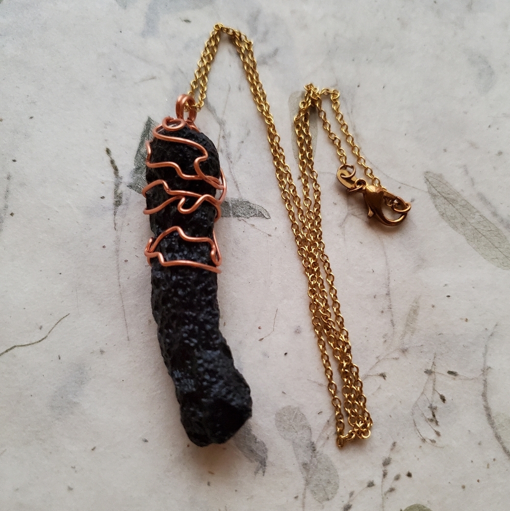 Handmade Wire Wrapped Large Black Vietnam Tektite Pendant Necklace